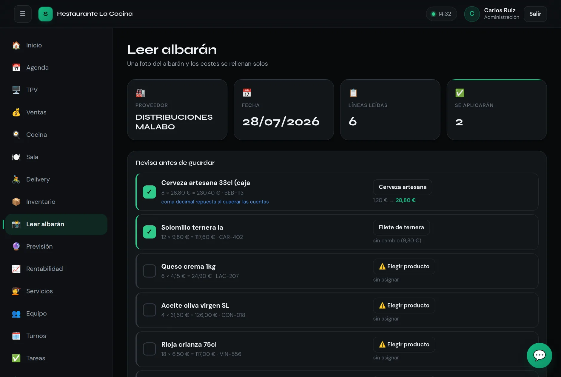 El lector de albaranes de SynkraOS con un albarán ya leído: seis líneas con sus unidades, precios e importes, y el coste de la cerveza pasando de 1,20 € a 28,80 €.